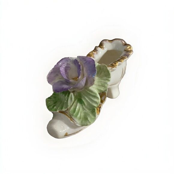 Purple Rose Shoe ceramic Figurine Hand Made TET China Clay Green Leaf Vintage - Picture 2 of 11